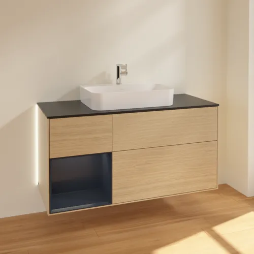 Obrázek VILLEROY BOCH Finion Vanity unit, with lighting, 3 pull-out compartments, 1200 x 603 x 501 mm, Oak Veneer / Midnight Blue Matt Lacquer / Glass Black Matt #G412HGPC