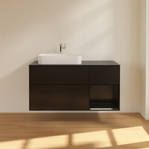 Bild von VILLEROY BOCH Finion Waschbeckenunterschrank, mit Beleuchtung, 3 Auszüge, 1200 x 603 x 501 mm, Black Matt Lacquer / Black Matt Lacquer / Glass Black Matt #G402PDPD