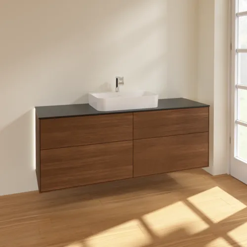 Bild von VILLEROY BOCH Finion Waschbeckenunterschrank, mit Beleuchtung, 4 Auszüge, 1600 x 603 x 501 mm, Walnut Veneer / Glass Black Matt #G44200GN