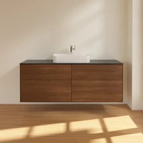 Bild von VILLEROY BOCH Finion Waschbeckenunterschrank, mit Beleuchtung, 4 Auszüge, 1600 x 603 x 501 mm, Walnut Veneer / Glass Black Matt #G44200GN