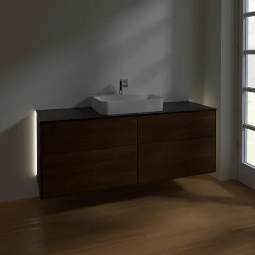 Bild von VILLEROY BOCH Finion Waschbeckenunterschrank, mit Beleuchtung, 4 Auszüge, 1600 x 603 x 501 mm, Walnut Veneer / Glass Black Matt #G44200GN