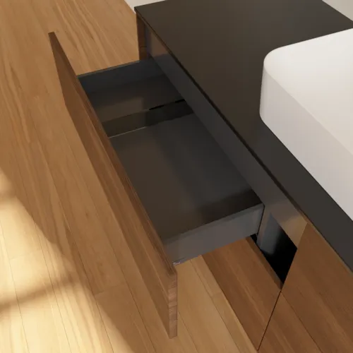 Bild von VILLEROY BOCH Finion Waschbeckenunterschrank, mit Beleuchtung, 4 Auszüge, 1600 x 603 x 501 mm, Walnut Veneer / Glass Black Matt #G44200GN