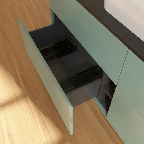 Bild von VILLEROY BOCH Finion Waschbeckenunterschrank, mit Beleuchtung, 4 Auszüge, 1600 x 603 x 501 mm, Olive Matt Lacquer / Glass Black Matt #G44200GM