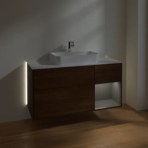 Obrázek VILLEROY BOCH Finion Vanity unit, with lighting, 3 pull-out compartments, 1200 x 603 x 501 mm, Walnut Veneer / Anthracite Matt Lacquer / Glass White Matt #G421GKGN