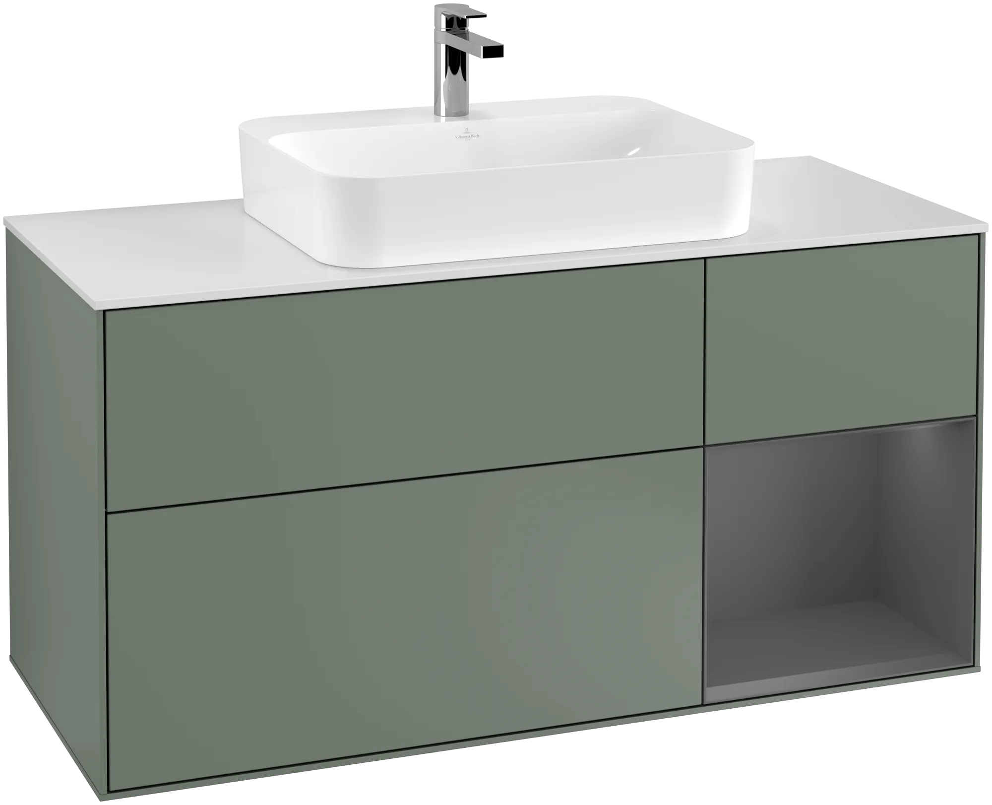 Obrázek VILLEROY BOCH Finion Vanity unit, with lighting, 3 pull-out compartments, 1200 x 603 x 501 mm, Olive Matt Lacquer / Anthracite Matt Lacquer / Glass White Matt #G421GKGM