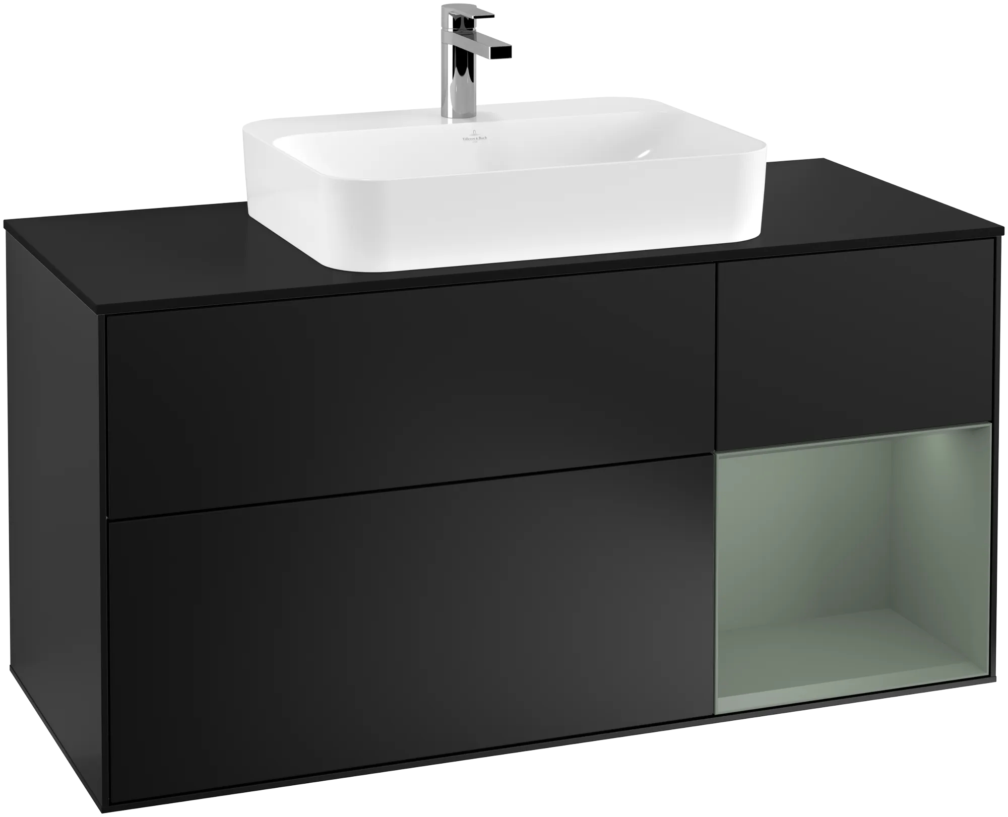 Obrázek VILLEROY BOCH Finion Vanity unit, with lighting, 3 pull-out compartments, 1200 x 603 x 501 mm, Black Matt Lacquer / Olive Matt Lacquer / Glass Black Matt #G422GMPD