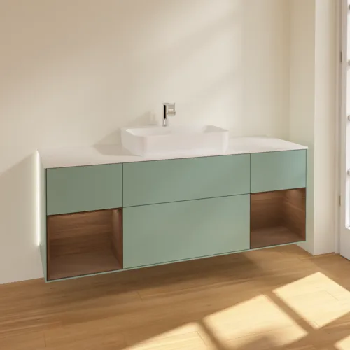 Obrázek VILLEROY BOCH Finion Vanity unit, with lighting, 4 pull-out compartments, 1600 x 603 x 501 mm, Olive Matt Lacquer / Walnut Veneer / Glass White Matt #G451GNGM