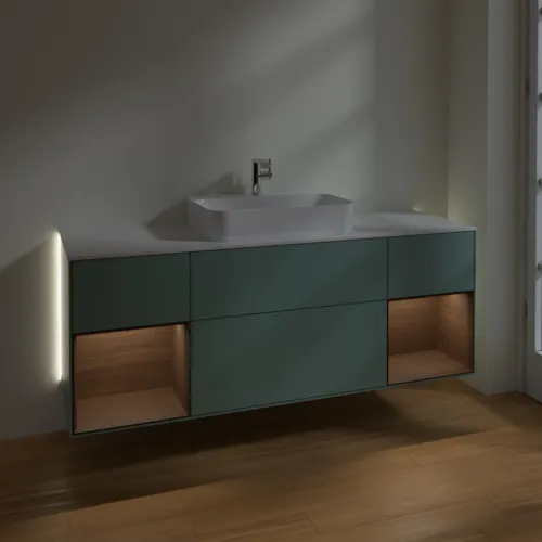 Obrázek VILLEROY BOCH Finion Vanity unit, with lighting, 4 pull-out compartments, 1600 x 603 x 501 mm, Olive Matt Lacquer / Walnut Veneer / Glass White Matt #G451GNGM