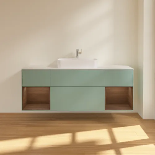 Obrázek VILLEROY BOCH Finion Vanity unit, with lighting, 4 pull-out compartments, 1600 x 603 x 501 mm, Olive Matt Lacquer / Walnut Veneer / Glass White Matt #G451GNGM