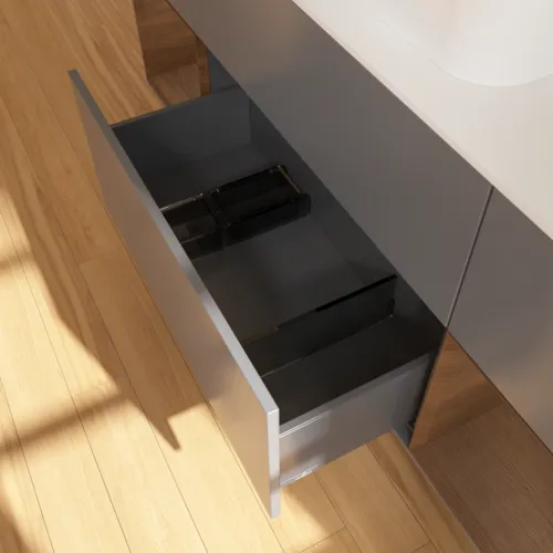 Bild von VILLEROY BOCH Finion Waschbeckenunterschrank, mit Beleuchtung, 4 Auszüge, 1600 x 603 x 501 mm, Anthracite Matt Lacquer / Walnut Veneer / Glass White Matt #G451GNGK