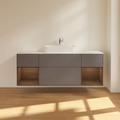 Bild von VILLEROY BOCH Finion Waschbeckenunterschrank, mit Beleuchtung, 4 Auszüge, 1600 x 603 x 501 mm, Anthracite Matt Lacquer / Walnut Veneer / Glass White Matt #G451GNGK