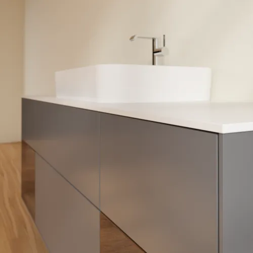 Bild von VILLEROY BOCH Finion Waschbeckenunterschrank, mit Beleuchtung, 4 Auszüge, 1600 x 603 x 501 mm, Anthracite Matt Lacquer / Walnut Veneer / Glass White Matt #G451GNGK