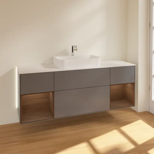 Bild von VILLEROY BOCH Finion Waschbeckenunterschrank, mit Beleuchtung, 4 Auszüge, 1600 x 603 x 501 mm, Anthracite Matt Lacquer / Walnut Veneer / Glass White Matt #G451GNGK