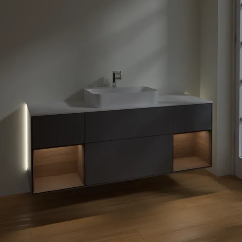 Bild von VILLEROY BOCH Finion Waschbeckenunterschrank, mit Beleuchtung, 4 Auszüge, 1600 x 603 x 501 mm, Anthracite Matt Lacquer / Walnut Veneer / Glass White Matt #G451GNGK