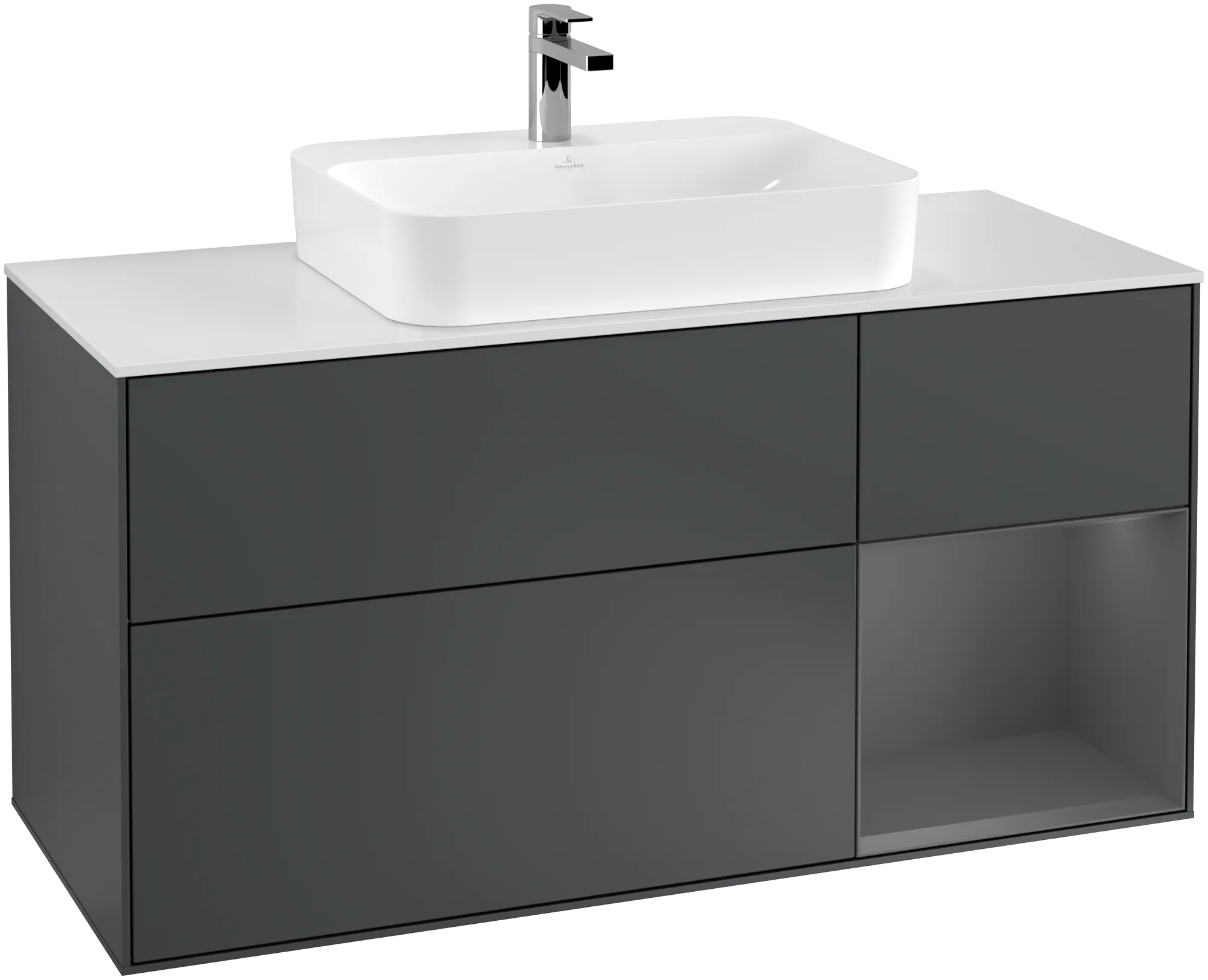 Obrázek VILLEROY BOCH Finion Vanity unit, with lighting, 3 pull-out compartments, 1200 x 603 x 501 mm, Midnight Blue Matt Lacquer / Anthracite Matt Lacquer / Glass White Matt #G421GKHG