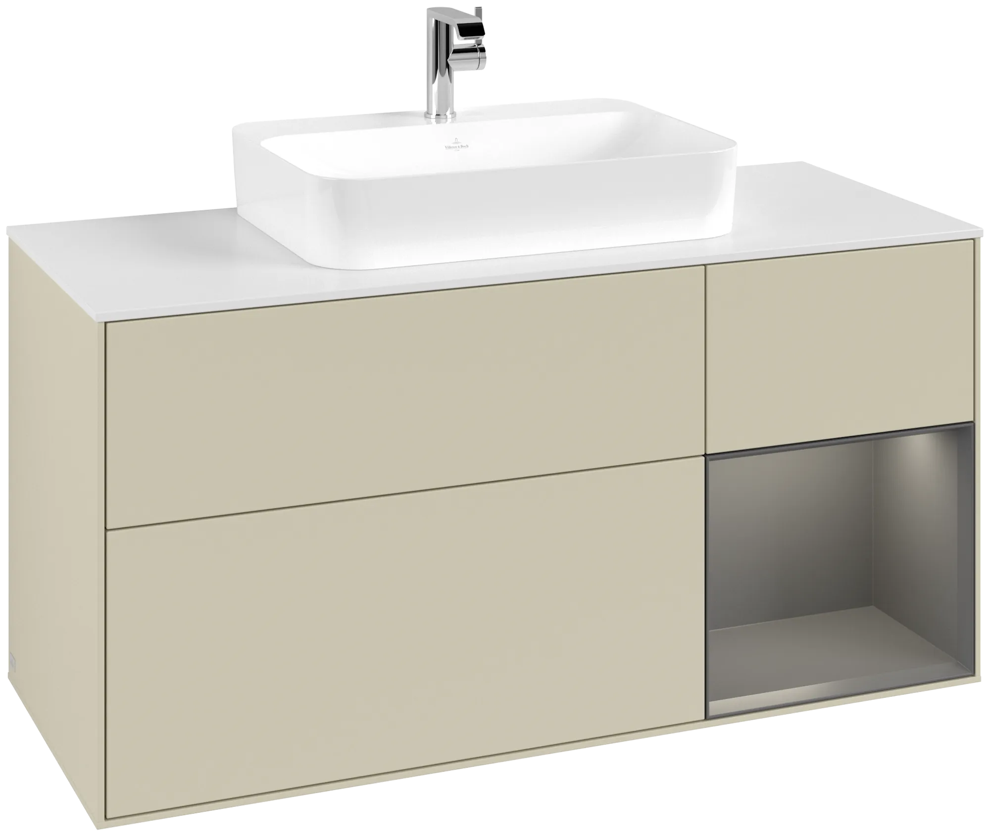 Obrázek VILLEROY BOCH Finion Vanity unit, with lighting, 3 pull-out compartments, 1200 x 603 x 501 mm, Silk Grey Matt Lacquer / Anthracite Matt Lacquer / Glass White Matt #G421GKHJ