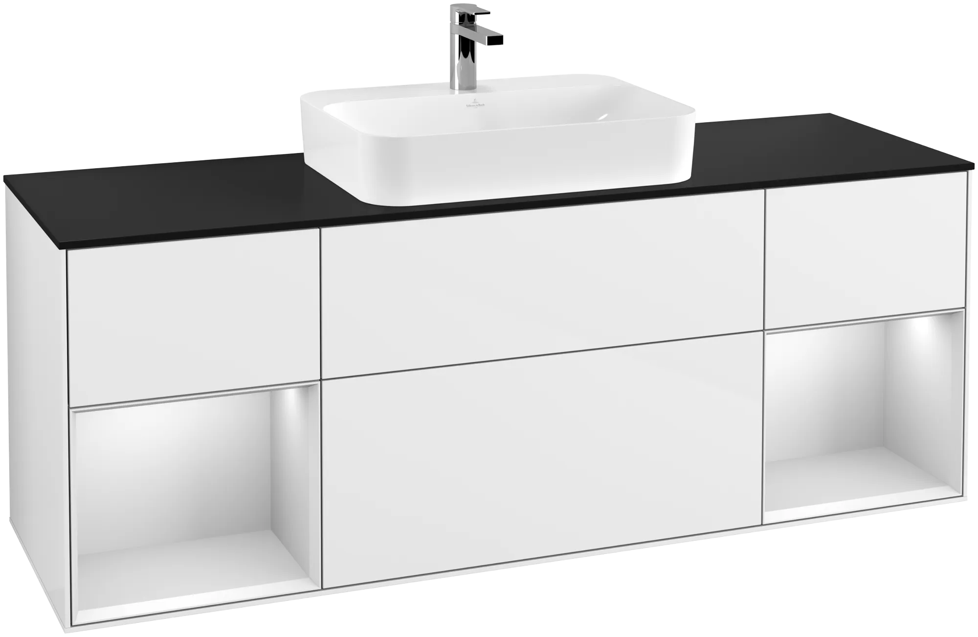 Picture of VILLEROY BOCH Finion Vanity unit, with lighting, 4 pull-out compartments, 1600 x 603 x 501 mm, Glossy White Lacquer / White Matt Lacquer / Glass Black Matt #G452MTGF