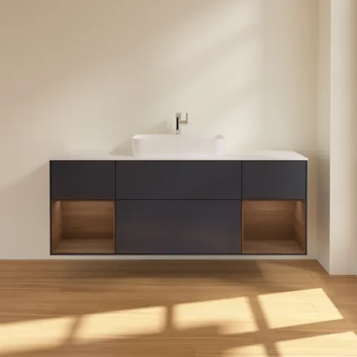Bild von VILLEROY BOCH Finion Waschbeckenunterschrank, mit Beleuchtung, 4 Auszüge, 1600 x 603 x 501 mm, Midnight Blue Matt Lacquer / Walnut Veneer / Glass White Matt #G451GNHG