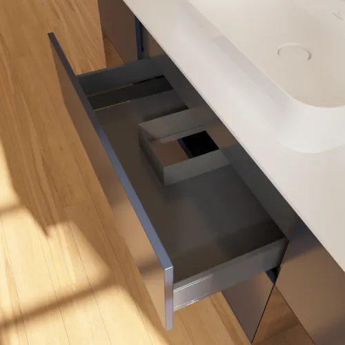 Bild von VILLEROY BOCH Finion Waschbeckenunterschrank, mit Beleuchtung, 4 Auszüge, 1600 x 603 x 501 mm, Midnight Blue Matt Lacquer / Walnut Veneer / Glass White Matt #G451GNHG