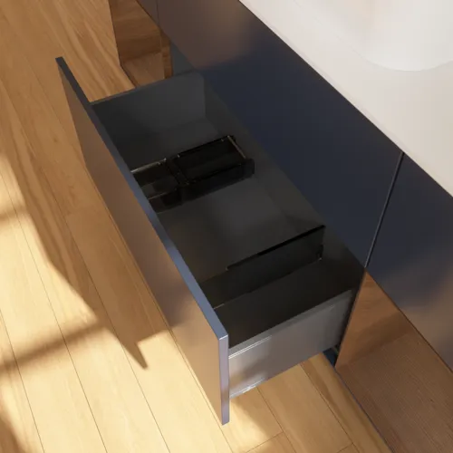 Bild von VILLEROY BOCH Finion Waschbeckenunterschrank, mit Beleuchtung, 4 Auszüge, 1600 x 603 x 501 mm, Midnight Blue Matt Lacquer / Walnut Veneer / Glass White Matt #G451GNHG