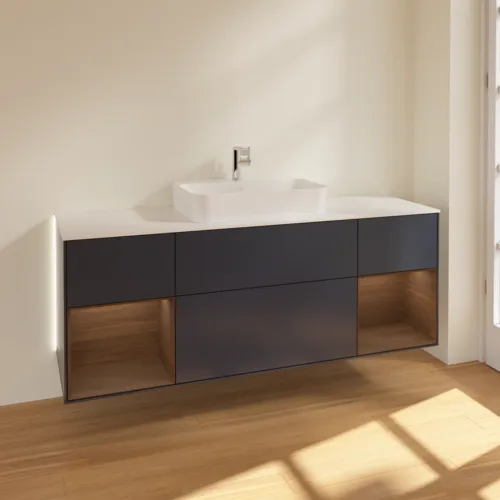 Bild von VILLEROY BOCH Finion Waschbeckenunterschrank, mit Beleuchtung, 4 Auszüge, 1600 x 603 x 501 mm, Midnight Blue Matt Lacquer / Walnut Veneer / Glass White Matt #G451GNHG