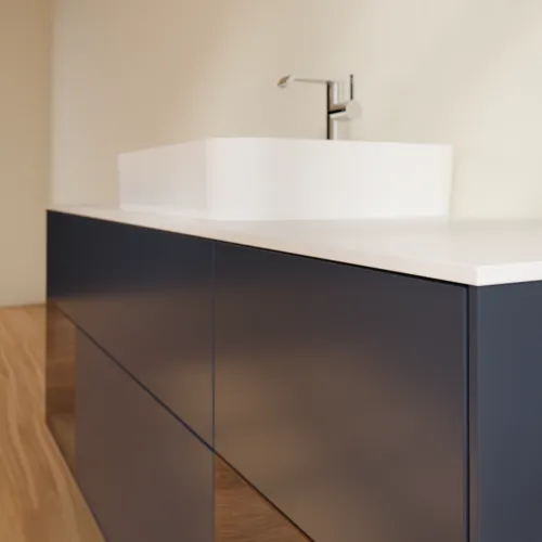 Bild von VILLEROY BOCH Finion Waschbeckenunterschrank, mit Beleuchtung, 4 Auszüge, 1600 x 603 x 501 mm, Midnight Blue Matt Lacquer / Walnut Veneer / Glass White Matt #G451GNHG