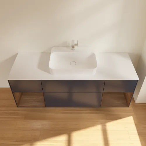 Bild von VILLEROY BOCH Finion Waschbeckenunterschrank, mit Beleuchtung, 4 Auszüge, 1600 x 603 x 501 mm, Midnight Blue Matt Lacquer / Walnut Veneer / Glass White Matt #G451GNHG