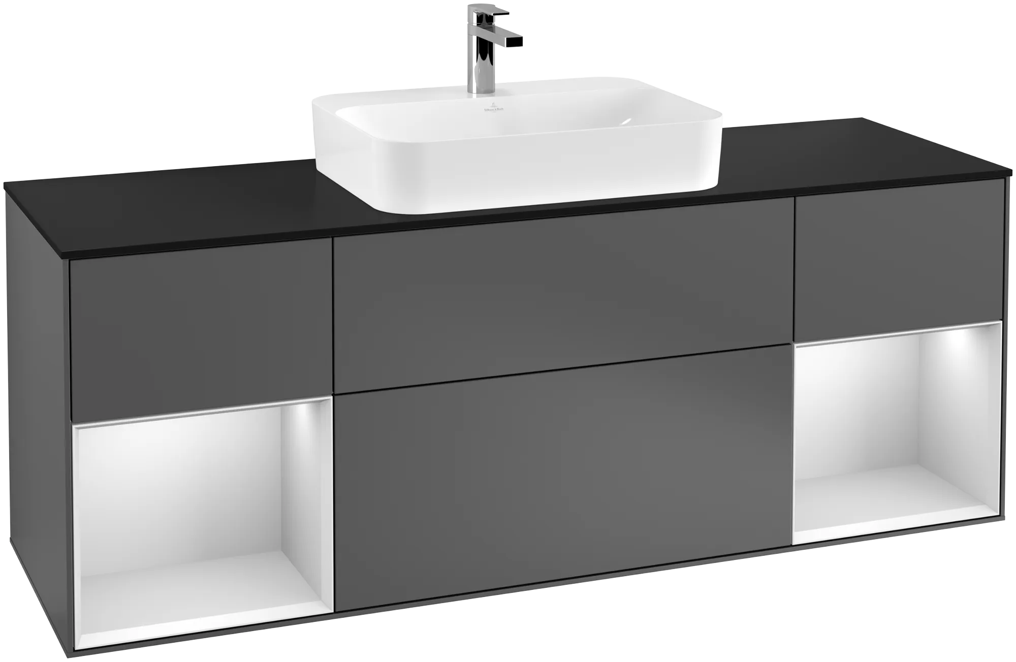 Picture of VILLEROY BOCH Finion Vanity unit, with lighting, 4 pull-out compartments, 1600 x 603 x 501 mm, Anthracite Matt Lacquer / White Matt Lacquer / Glass Black Matt #G452MTGK
