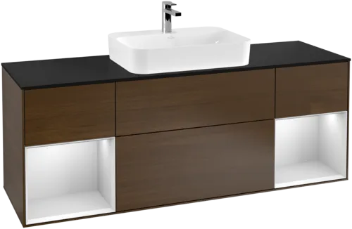 Picture of VILLEROY BOCH Finion Vanity unit, with lighting, 4 pull-out compartments, 1600 x 603 x 501 mm, Walnut Veneer / White Matt Lacquer / Glass Black Matt #G452MTGN