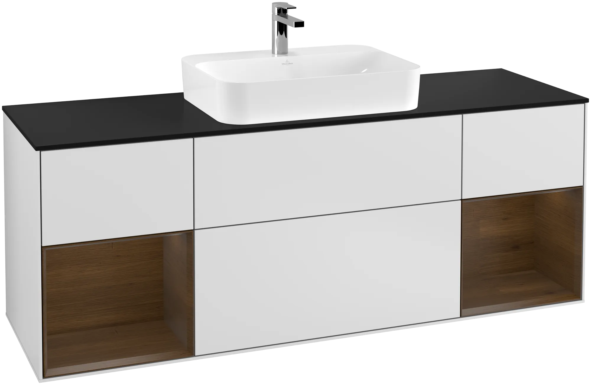 Picture of VILLEROY BOCH Finion Vanity unit, with lighting, 4 pull-out compartments, 1600 x 603 x 501 mm, White Matt Lacquer / Walnut Veneer / Glass Black Matt #G452GNMT