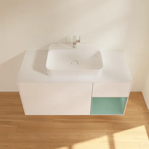 Bild von VILLEROY BOCH Finion Waschbeckenunterschrank, mit Beleuchtung, 3 Auszüge, 1200 x 603 x 501 mm, White Matt Lacquer / Olive Matt Lacquer / Glass White Matt #G421GMMT