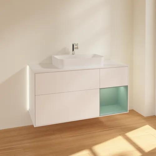 Bild von VILLEROY BOCH Finion Waschbeckenunterschrank, mit Beleuchtung, 3 Auszüge, 1200 x 603 x 501 mm, White Matt Lacquer / Olive Matt Lacquer / Glass White Matt #G421GMMT