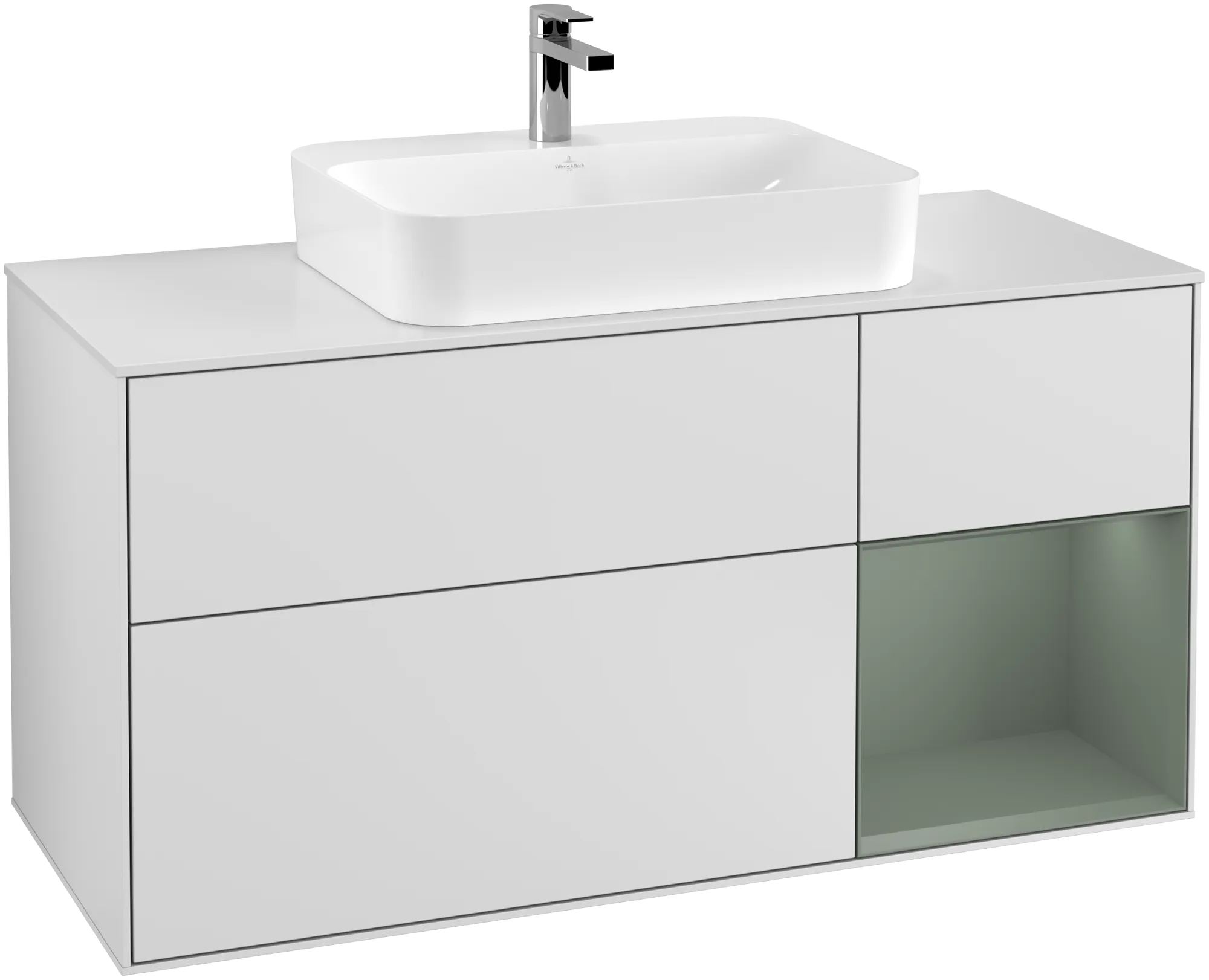 Obrázek VILLEROY BOCH Finion Vanity unit, with lighting, 3 pull-out compartments, 1200 x 603 x 501 mm, White Matt Lacquer / Olive Matt Lacquer / Glass White Matt #G421GMMT