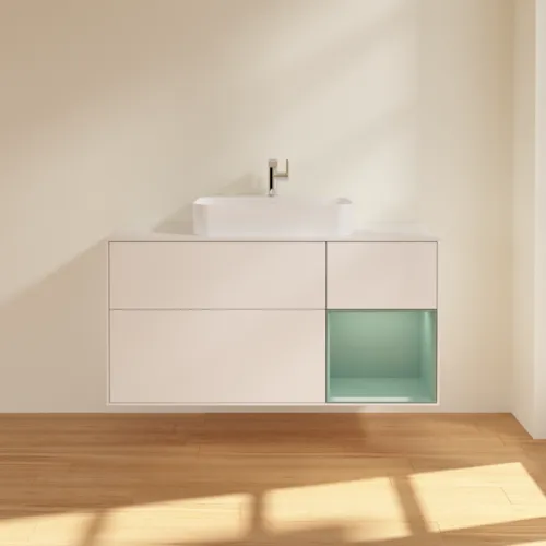 Bild von VILLEROY BOCH Finion Waschbeckenunterschrank, mit Beleuchtung, 3 Auszüge, 1200 x 603 x 501 mm, White Matt Lacquer / Olive Matt Lacquer / Glass White Matt #G421GMMT