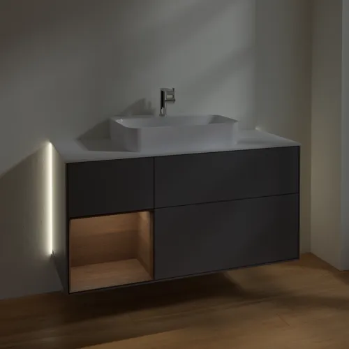 VILLEROY BOCH Finion Waschbeckenunterschrank, mit Beleuchtung, 3 Auszüge, 1200 x 603 x 501 mm, Anthracite Matt Lacquer / Walnut Veneer / Glass White Matt #G411GNGK, Bild 5