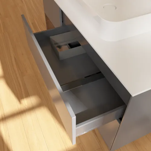 VILLEROY BOCH Finion Waschbeckenunterschrank, mit Beleuchtung, 3 Auszüge, 1200 x 603 x 501 mm, Anthracite Matt Lacquer / Walnut Veneer / Glass White Matt #G411GNGK, Bild 8