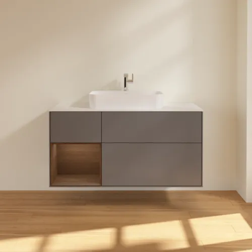 VILLEROY BOCH Finion Waschbeckenunterschrank, mit Beleuchtung, 3 Auszüge, 1200 x 603 x 501 mm, Anthracite Matt Lacquer / Walnut Veneer / Glass White Matt #G411GNGK, Bild 3