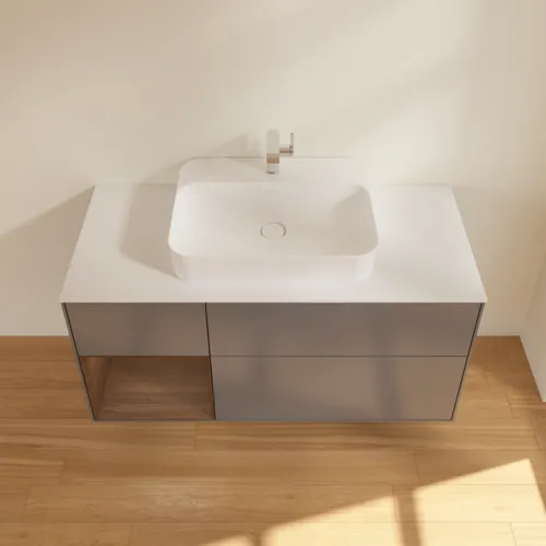 VILLEROY BOCH Finion Waschbeckenunterschrank, mit Beleuchtung, 3 Auszüge, 1200 x 603 x 501 mm, Anthracite Matt Lacquer / Walnut Veneer / Glass White Matt #G411GNGK, Bild 4