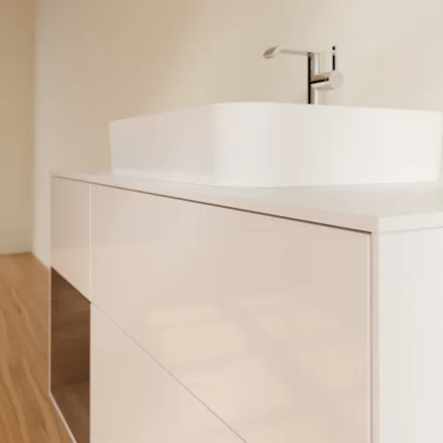 Bild von VILLEROY BOCH Finion Waschbeckenunterschrank, mit Beleuchtung, 3 Auszüge, 1200 x 603 x 501 mm, Glossy White Lacquer / Walnut Veneer / Glass White Matt #G411GNGF