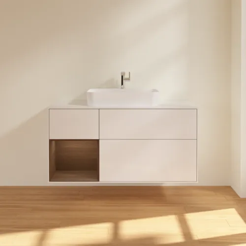 Bild von VILLEROY BOCH Finion Waschbeckenunterschrank, mit Beleuchtung, 3 Auszüge, 1200 x 603 x 501 mm, Glossy White Lacquer / Walnut Veneer / Glass White Matt #G411GNGF
