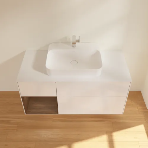Bild von VILLEROY BOCH Finion Waschbeckenunterschrank, mit Beleuchtung, 3 Auszüge, 1200 x 603 x 501 mm, Glossy White Lacquer / Walnut Veneer / Glass White Matt #G411GNGF