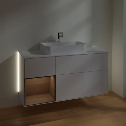 Bild von VILLEROY BOCH Finion Waschbeckenunterschrank, mit Beleuchtung, 3 Auszüge, 1200 x 603 x 501 mm, Glossy White Lacquer / Walnut Veneer / Glass White Matt #G411GNGF