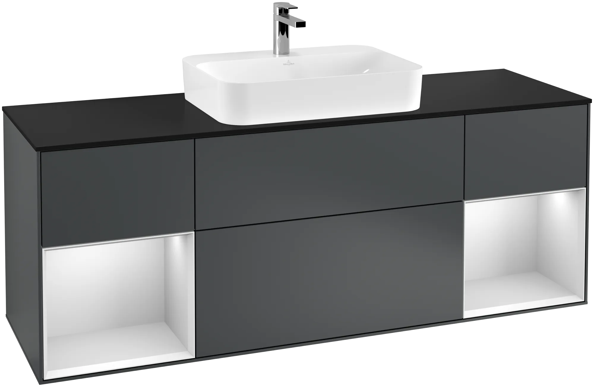 Picture of VILLEROY BOCH Finion Vanity unit, with lighting, 4 pull-out compartments, 1600 x 603 x 501 mm, Midnight Blue Matt Lacquer / White Matt Lacquer / Glass Black Matt #G452MTHG