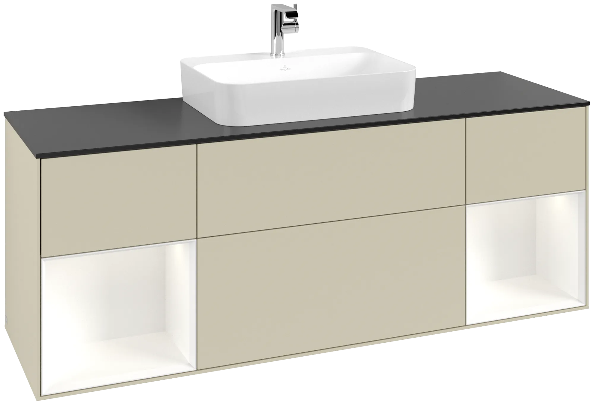 Picture of VILLEROY BOCH Finion Vanity unit, with lighting, 4 pull-out compartments, 1600 x 603 x 501 mm, Silk Grey Matt Lacquer / White Matt Lacquer / Glass Black Matt #G452MTHJ