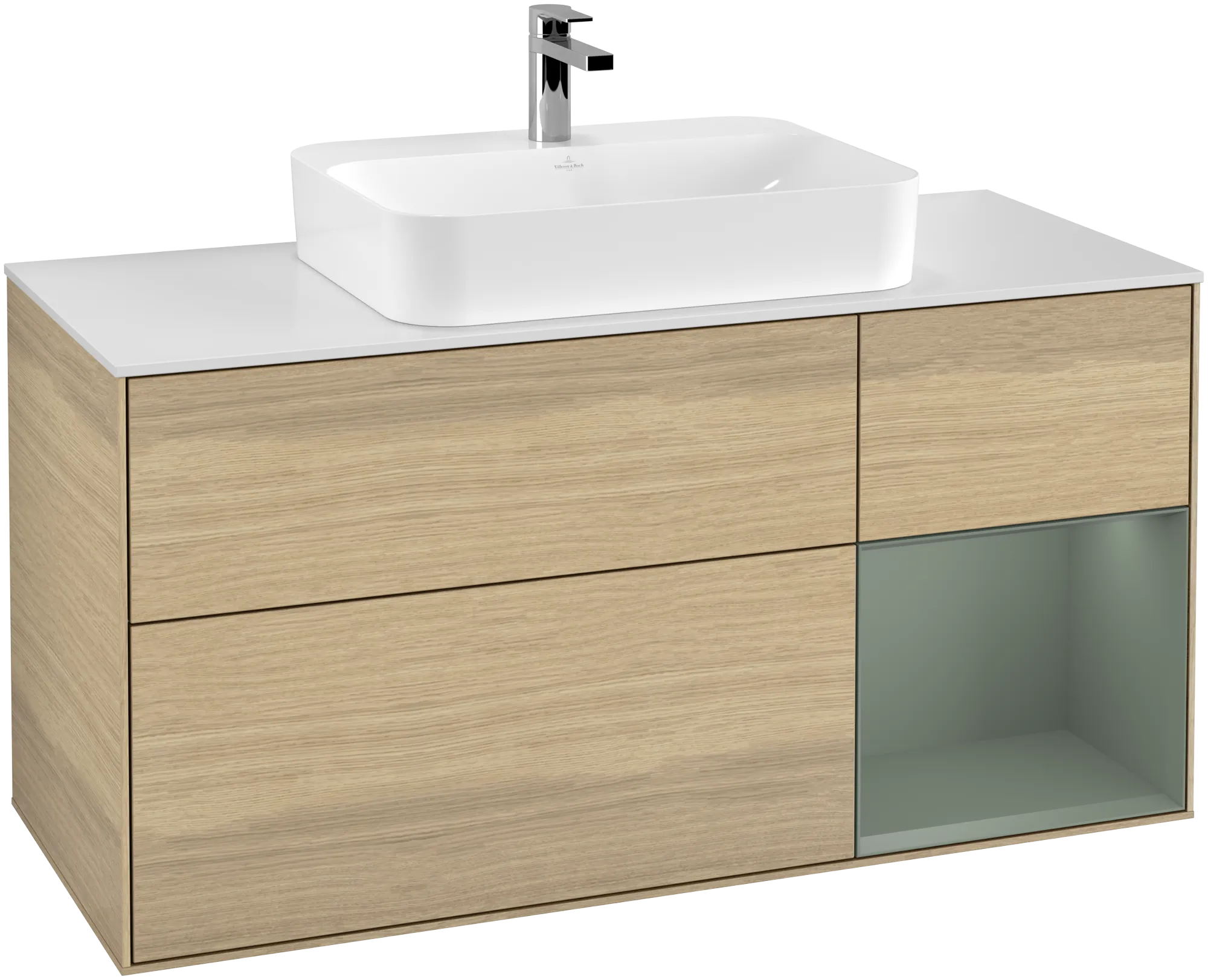 Picture of VILLEROY BOCH Finion Vanity unit, with lighting, 3 pull-out compartments, 1200 x 603 x 501 mm, Oak Veneer / Olive Matt Lacquer / Glass White Matt #G421GMPC