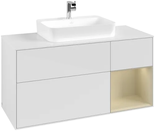 Зображення з  VILLEROY BOCH Finion Vanity unit, with lighting, 3 pull-out compartments, 1200 x 603 x 501 mm, Glossy White Lacquer / Silk Grey Matt Lacquer / Glass White Matt #G421HJGF