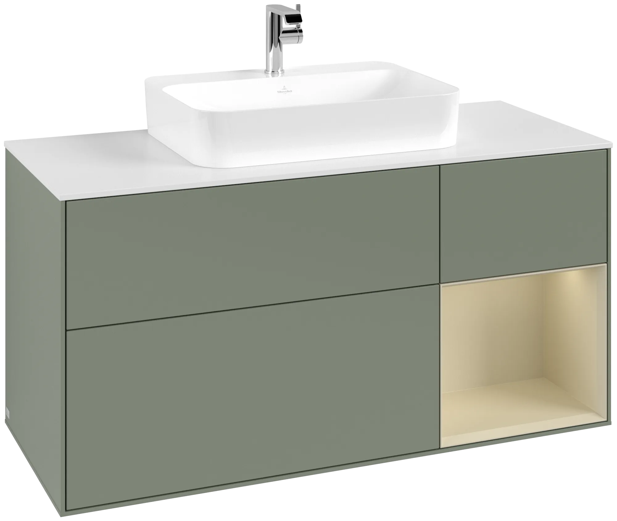 Picture of VILLEROY BOCH Finion Vanity unit, with lighting, 3 pull-out compartments, 1200 x 603 x 501 mm, Olive Matt Lacquer / Silk Grey Matt Lacquer / Glass White Matt #G421HJGM