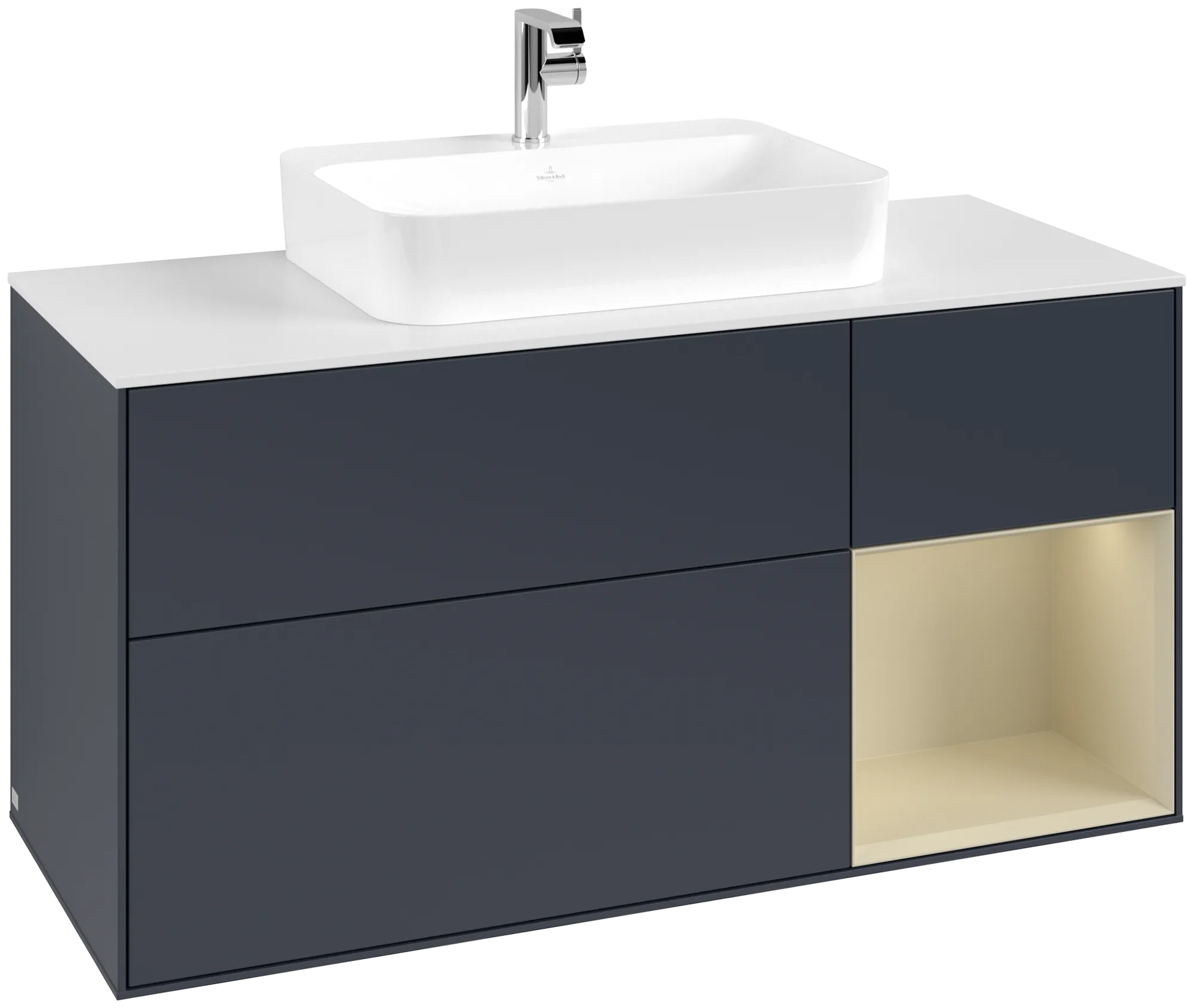 Picture of VILLEROY BOCH Finion Vanity unit, with lighting, 3 pull-out compartments, 1200 x 603 x 501 mm, Midnight Blue Matt Lacquer / Silk Grey Matt Lacquer / Glass White Matt #G421HJHG