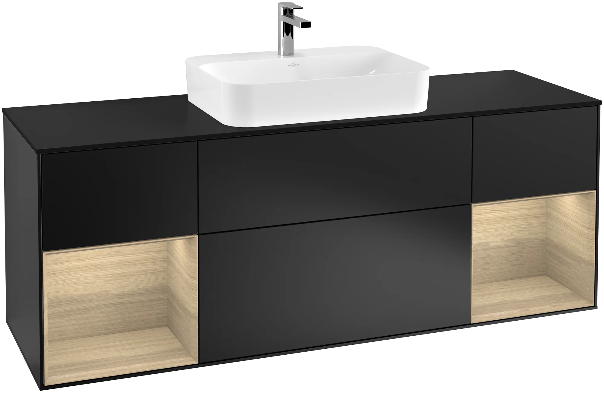 Picture of VILLEROY BOCH Finion Vanity unit, with lighting, 4 pull-out compartments, 1600 x 603 x 501 mm, Black Matt Lacquer / Oak Veneer / Glass Black Matt #G452PCPD