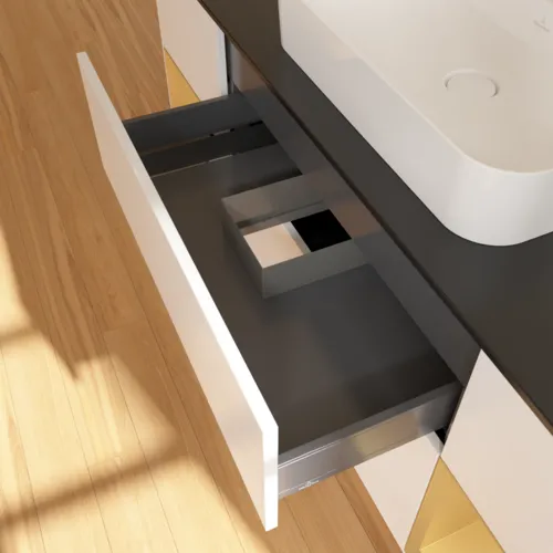 Bild von VILLEROY BOCH Finion Waschbeckenunterschrank, mit Beleuchtung, 4 Auszüge, 1600 x 603 x 501 mm, White Matt Lacquer / Gold Matt Lacquer / Glass Black Matt #G452HFMT